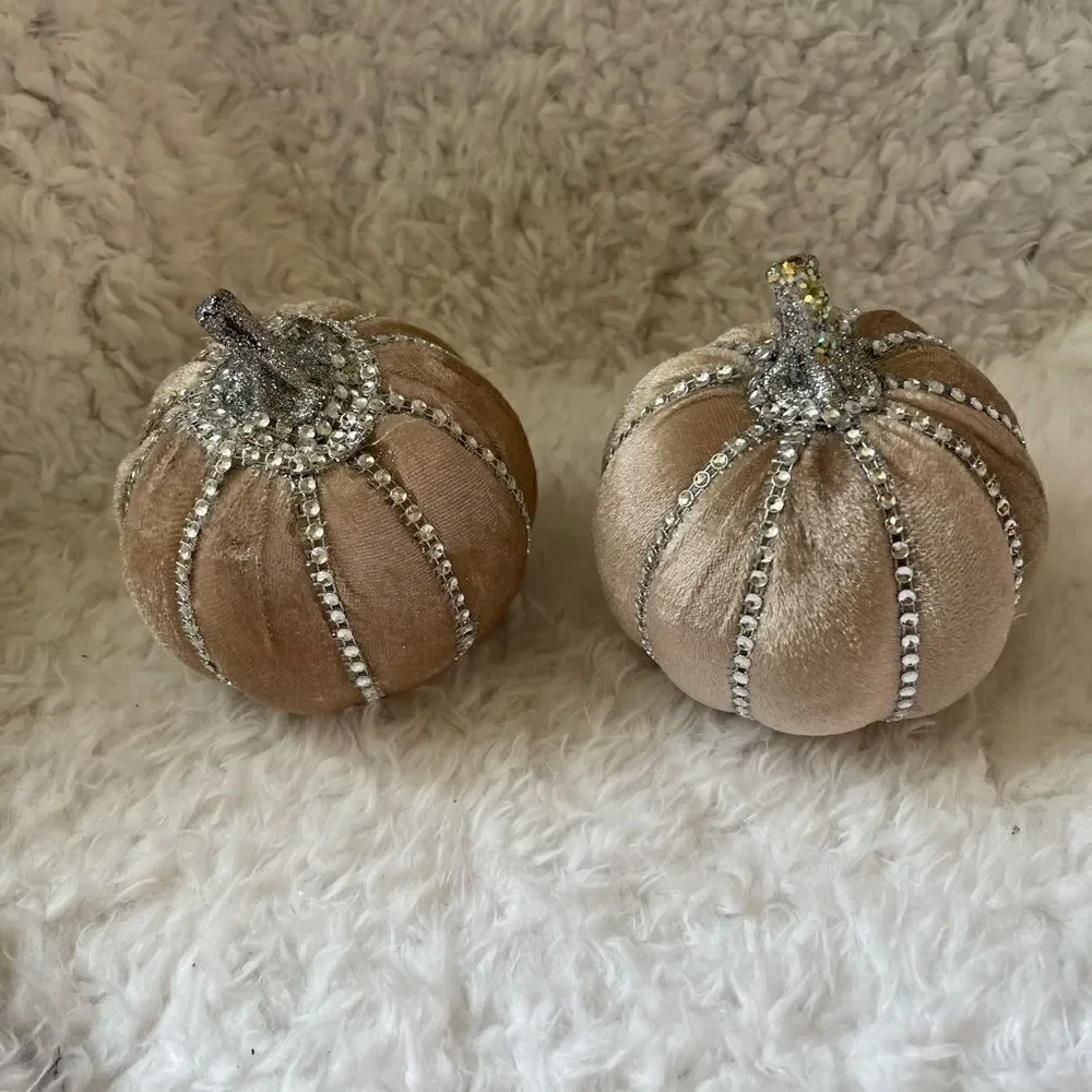Pair of styrofoam pumpkins cover with offwhite velvet gold rhinestones &…